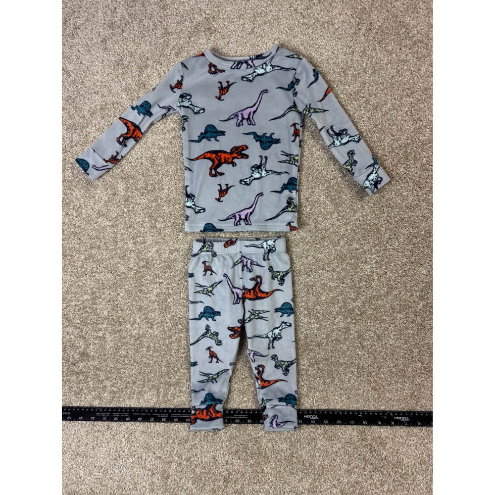 Cat & Jack Toddler Boys Gray Dinosaur Fleece Pajama Set 18M Snug Fit PJ 2pc